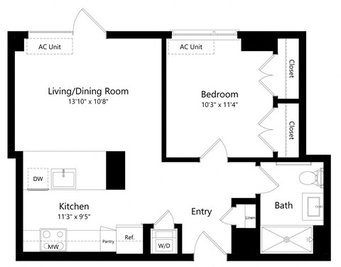 Floor plan for 1 bed, 1 bath